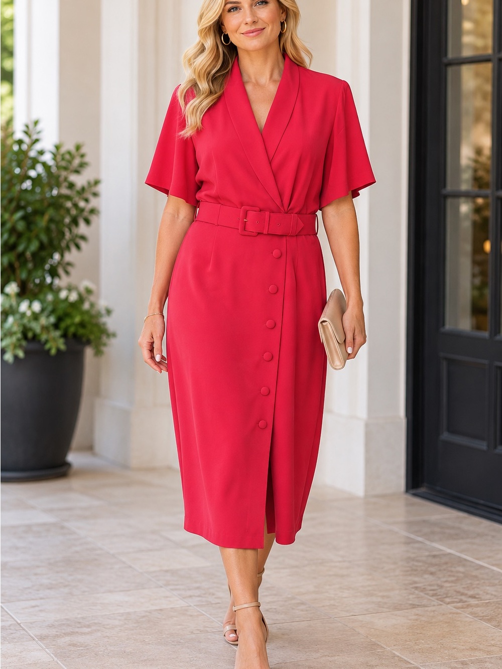 En Avance Vintage 100% Silk Fuchsia Pink Belted Midi Dress Shawl Collar Size 6